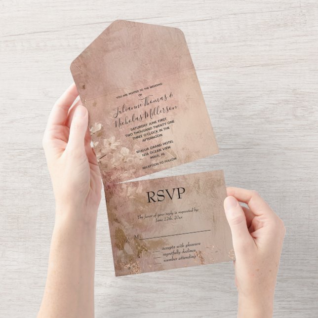 Pretty Rose Gold Paint Floral All In One Invitation (Tearaway)