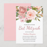 Pretty Rose Gold Pink Flowers Bat Mitzvah Invite