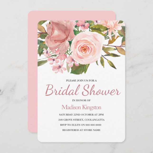 Pretty Rose Gold Pink Flowers Bridal Shower Invitation (Front/Back)