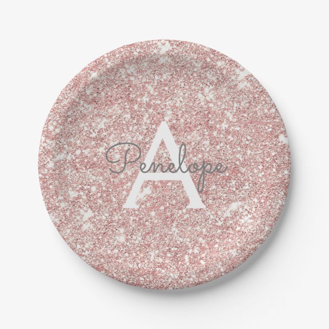 Pretty Rose Gold  Pink Glitter Sparkle Monogram Paper Plate (Front)