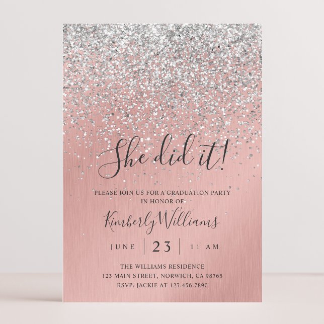 Pretty Rose Gold Silver Glitter Sparkly Graduation Invitation (Creator Uploaded)