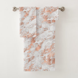 Pretty Rose Gold White Glitzy Marble Bath Towel Set