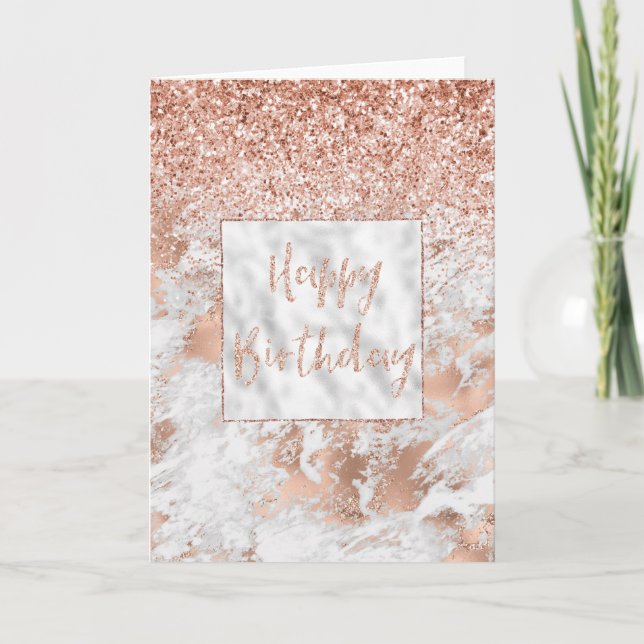 Pretty Rose Gold White Glitzy Marble Glitter  Card (Front)