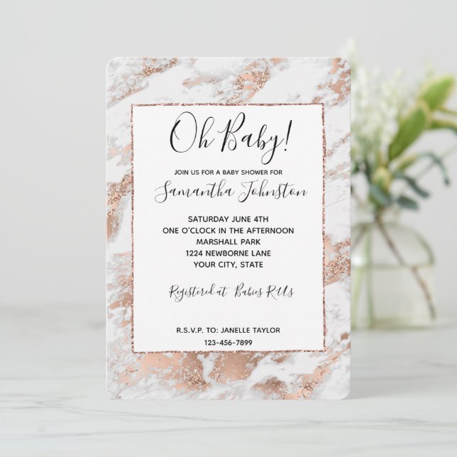 Pretty Rose Gold White Glitzy Marble Invitation (Standing Front)