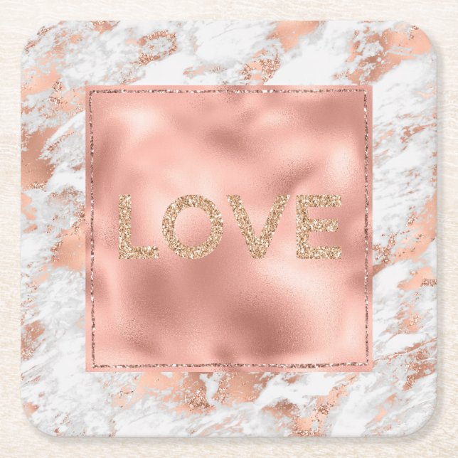 Pretty Rose Gold White Glitzy Marble  Square Paper Coaster (Front)