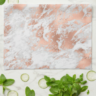 Pretty Rose Gold White Glitzy Marble      Tea Towel