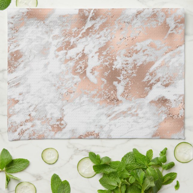 Pretty Rose Gold White Glitzy Marble      Tea Towel (Folded)