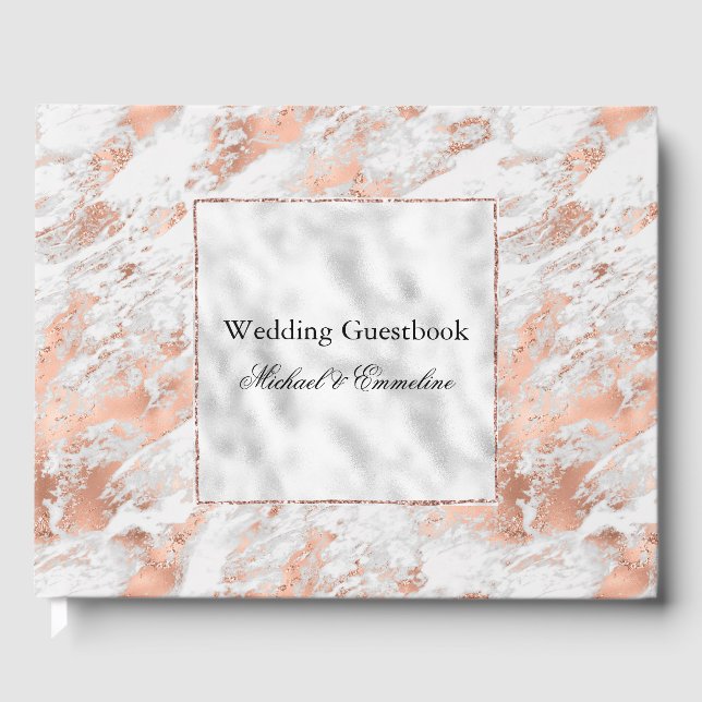 Pretty Rose Gold White Glitzy Marble Wedding Guest Book (Front)