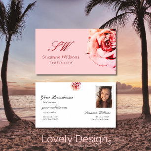 Pretty Rose on Plain Light Pink Initials and Photo Business Card