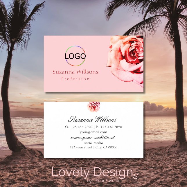 Pretty Rose on Plain Light Pink with Logo Simple Business Card (Creator Uploaded)