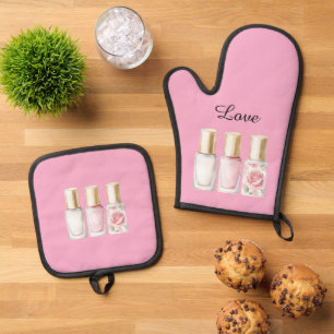 Pretty Rose Pink Floral Nail Polish Oven Mitt & Pot Holder Set