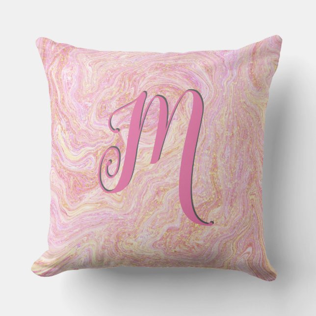Pretty Rose Pink Quartz Marble and Gold Cushion (Front)