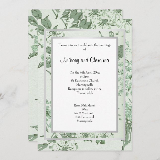 PRETTY ROSE SAGE GREEN SILVER WEDDING INVITATION (Front/Back)
