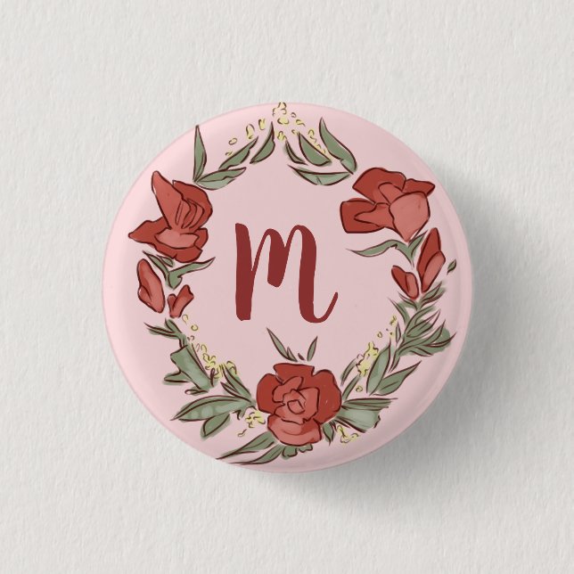 Pretty Rosebud Blossom Wreath Modern Monogram 3 Cm Round Badge (Front)