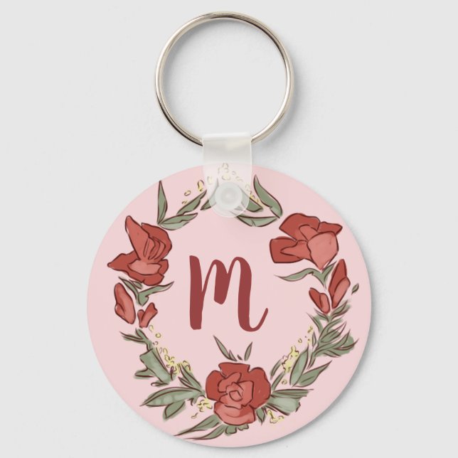 Pretty Rosebud Blossom Wreath Modern Monogram Key Ring (Front)