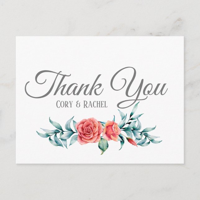Pretty Roses & Eucalyptus on Thank You Postcard (Front)