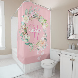 Pretty Roses Floral Elegant Script Monogram Pink Shower Curtain