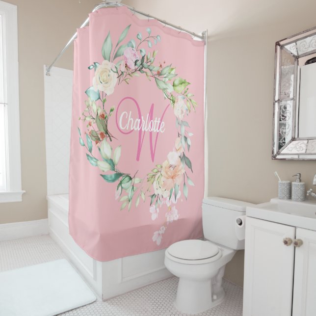Pretty Roses Floral Elegant Script Monogram Pink Shower Curtain (In Situ)