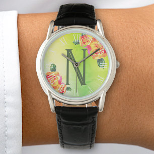 Pretty Roses Green Ombre Flowers Golden Monogram Watch