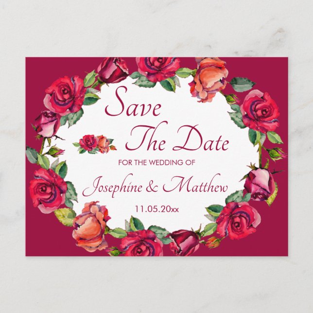 Pretty Roses Monogram Wreath Save the Date Announcement Postcard (Front)