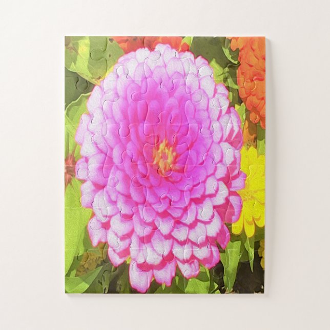 Pretty Round Pink Zinnia in the Summer Garden Jigsaw Puzzle (Vertical)