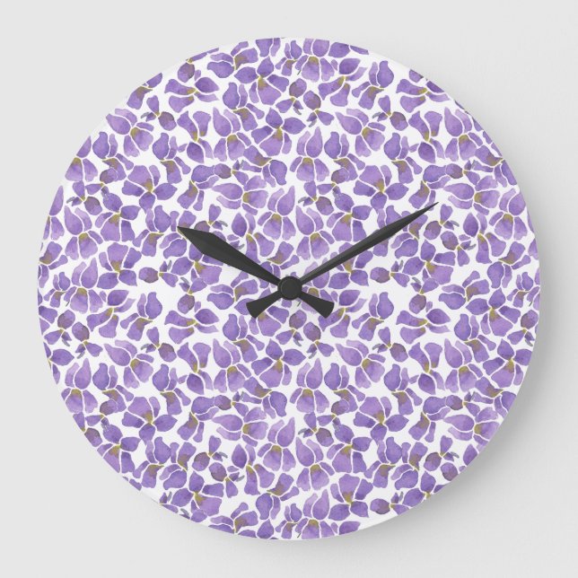 Pretty Round Wall Clock, Violets and Check Gingham Large Clock (Front)