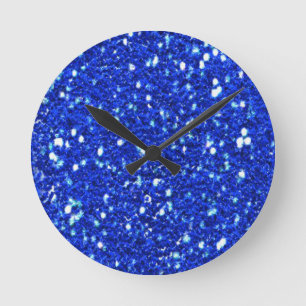 Pretty Royal Blue Sparkly Faux Glitter Look Round Clock