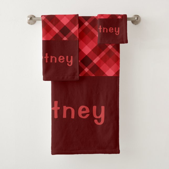 Pretty Ruby Red Plaid Monogram Bath Towel Set (Insitu)