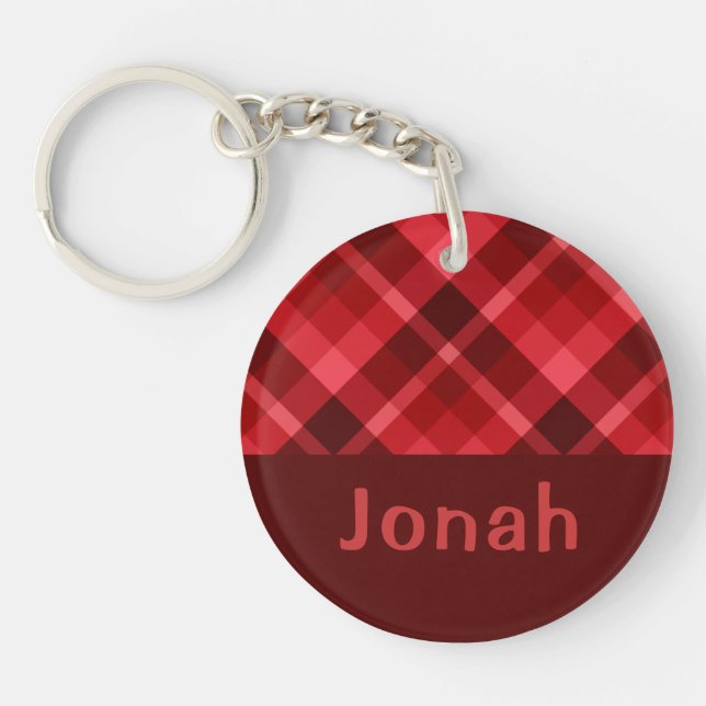 Pretty Ruby Red Plaid Monogram Circle Keychain (Front)