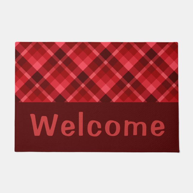 Pretty Ruby Red Plaid Monogram Medium Doormat (Front)