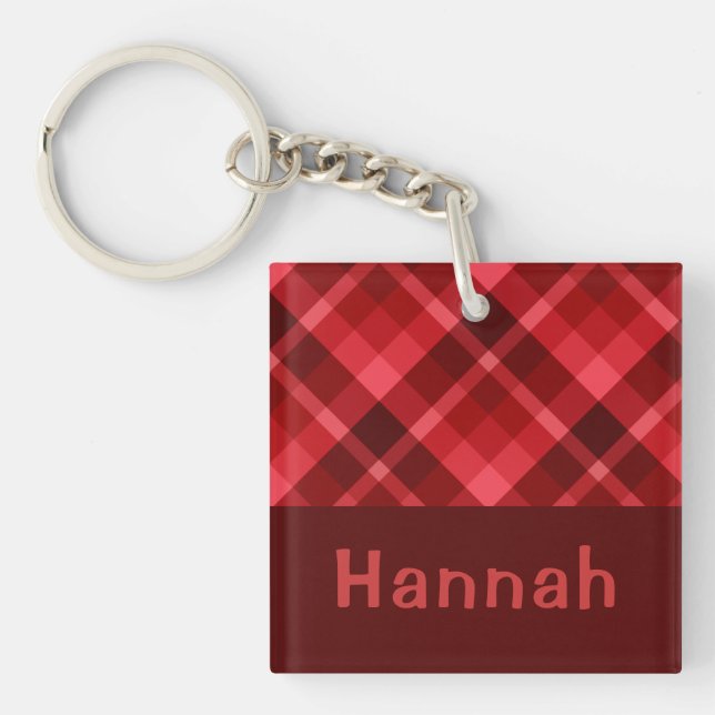 Pretty Ruby Red Plaid Monogram Square Keychain (Front)