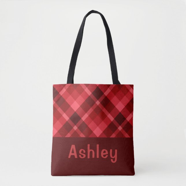 Pretty Ruby Red Plaid Monogram Tote Bag (Front)