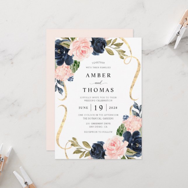 Pretty Rustic Blush Navy Floral Wedding Invitation (Front/Back In Situ)