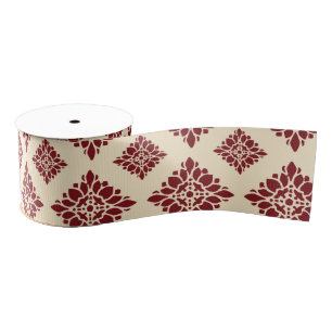 Pretty Rustic Floral Red Vintage Damask Pattern Grosgrain Ribbon