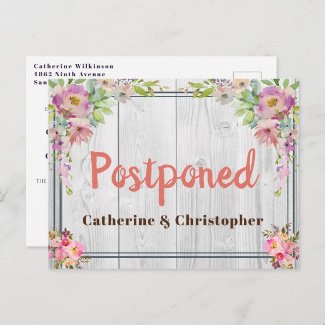 Pretty Rustic Floral Wood Wedding Postponed Postcard (Front/Back)