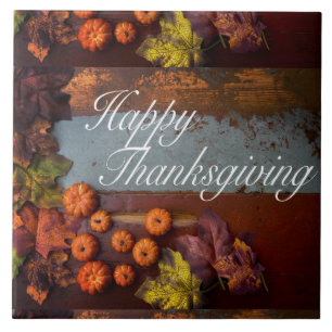 Pretty Rustic Happy Thanksgiving Pattern Design Ceramic Tile
