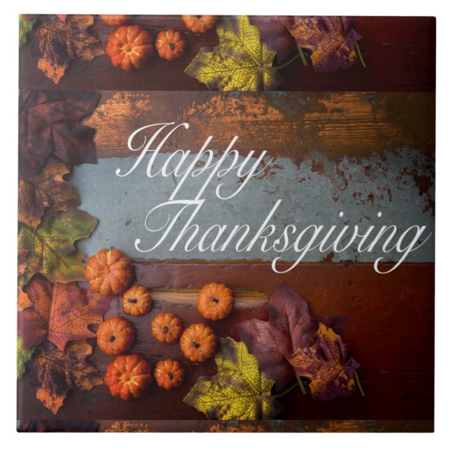 Pretty Rustic Happy Thanksgiving Pattern Design Ceramic Tile (Front)