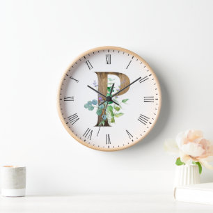 Pretty Rustic Letter P Wood Frame Clock
