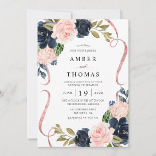 Pretty Rustic Navy Blush Floral Wedding Invitation