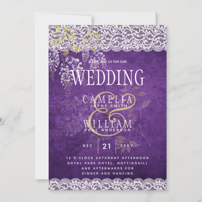 Pretty Rustic Purple WISTERIA Lace Wedding Invitation (Front)