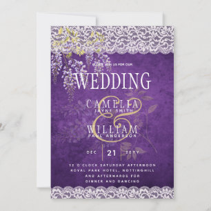 Pretty Rustic Purple WISTERIA Lace Wedding Invitation