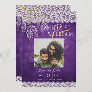 Pretty Rustic Purple WISTERIA Lace Wedding Invitation