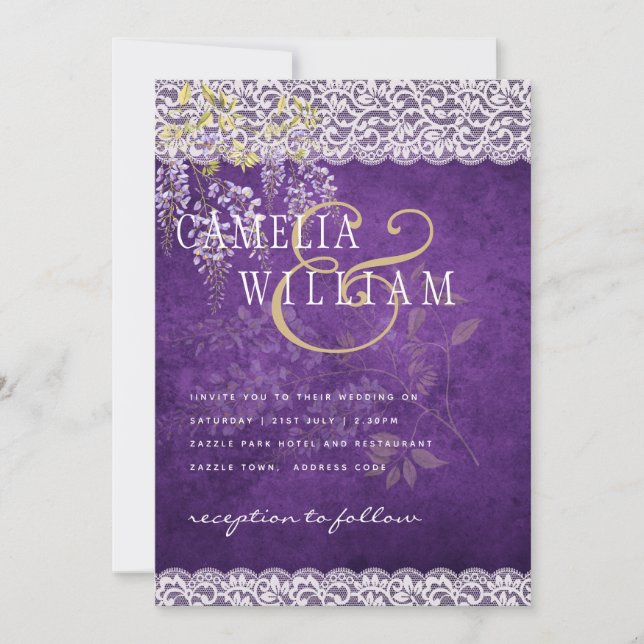 Pretty Rustic Purple WISTERIA Lace Wedding Invitation (Front)