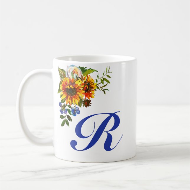 Pretty Rustic Sunflower Blue Monogram Coffee Mug (Left)