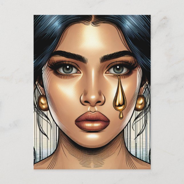 Pretty Sad Woman with Gold Tear Postcard (Front)