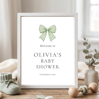 Pretty Sage Gingham Bow Welcome Baby Shower Poster