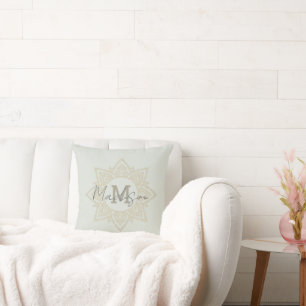 Pretty Sage Green Gold Mandala Name Monogram Cushion