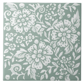 Pretty Sage Green White Floral Flower Design Ceramic Tile