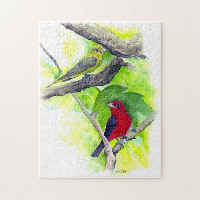 Pretty Scarlet Tanagers Couple Painting Jigsaw Puzzle (Vertical)