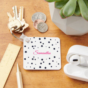 Pretty Scattered Stars & Pink Script Name Key Ring